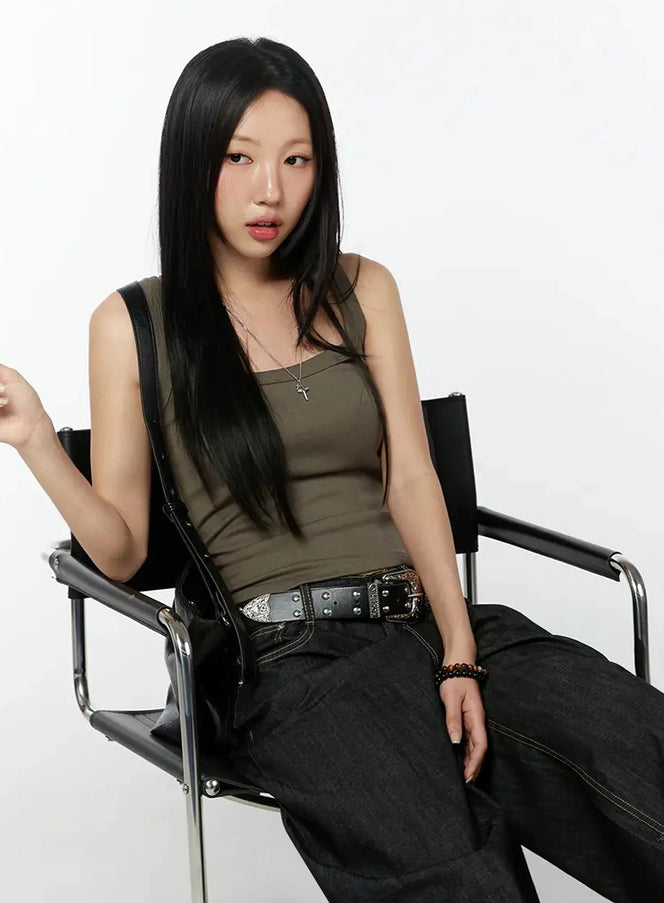 LEWKIN Ribbed Slim Tank Top IL516 Dark brown close-up seated model shot showing square neckline ribbed cotton fabric styled with black denim and studded belt