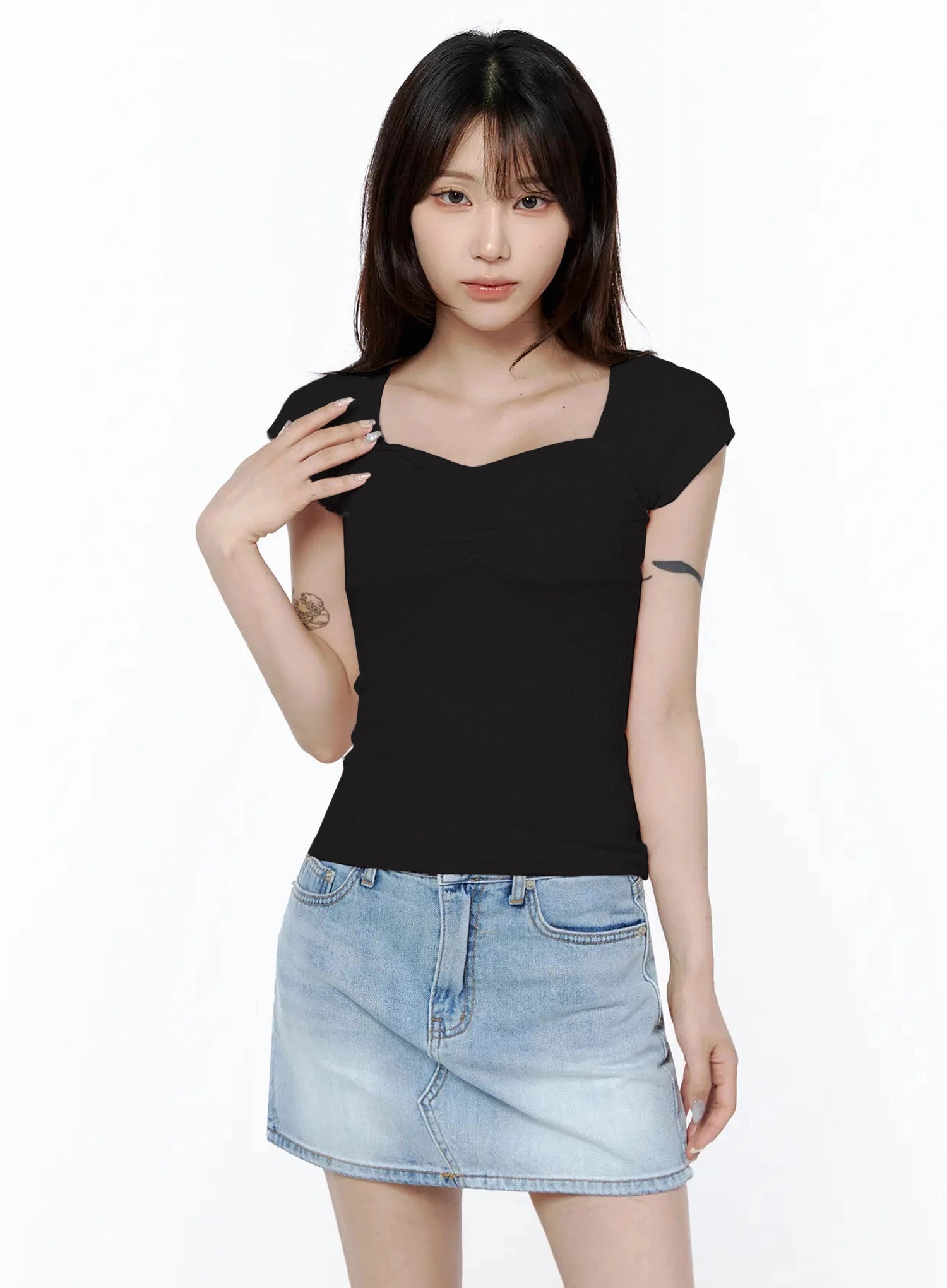 Ribbed Square Neck Knit Top IL502 in Black, size S/M