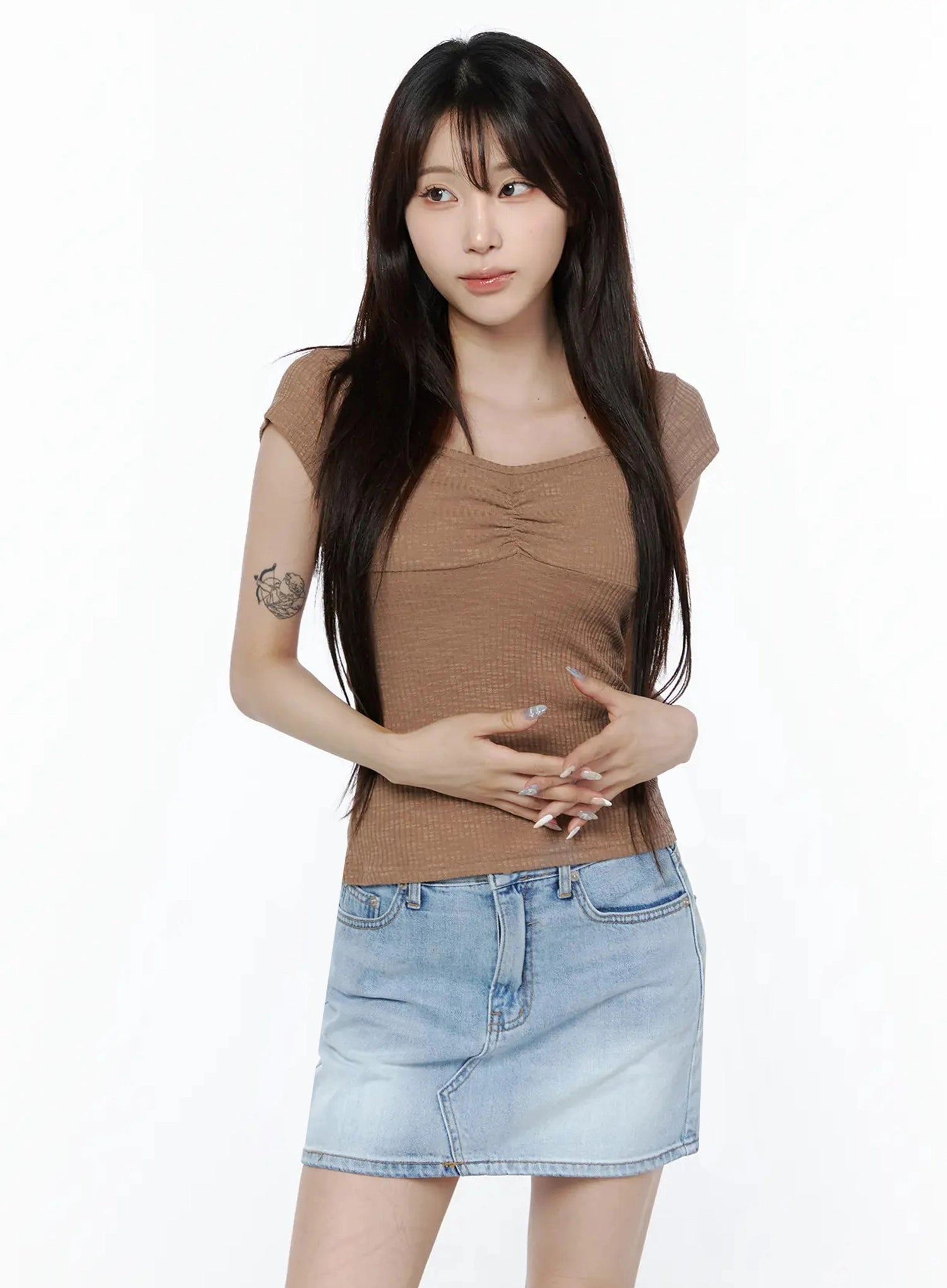 Ribbed Square Neck Knit Top IL502 Brown front shot on model with hands clasped at waist styled with denim mini skirt ribbed texture visible