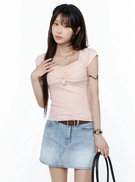 LEWKIN Ribbed Square Neck Knit Top IL502 Pink S/M front shot on model wearing denim mini skirt and black bag with star necklace accessory