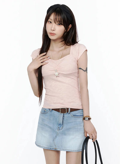 LEWKIN Ribbed Square Neck Knit Top IL502 Pink S/M front shot on model wearing denim mini skirt and black bag with star necklace accessory
