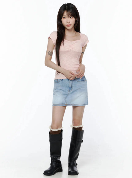 Ribbed Square Neck Knit Top IL502 Pink full-body front shot on model standing straight hands clasped styled with denim skirt and knee-high boots