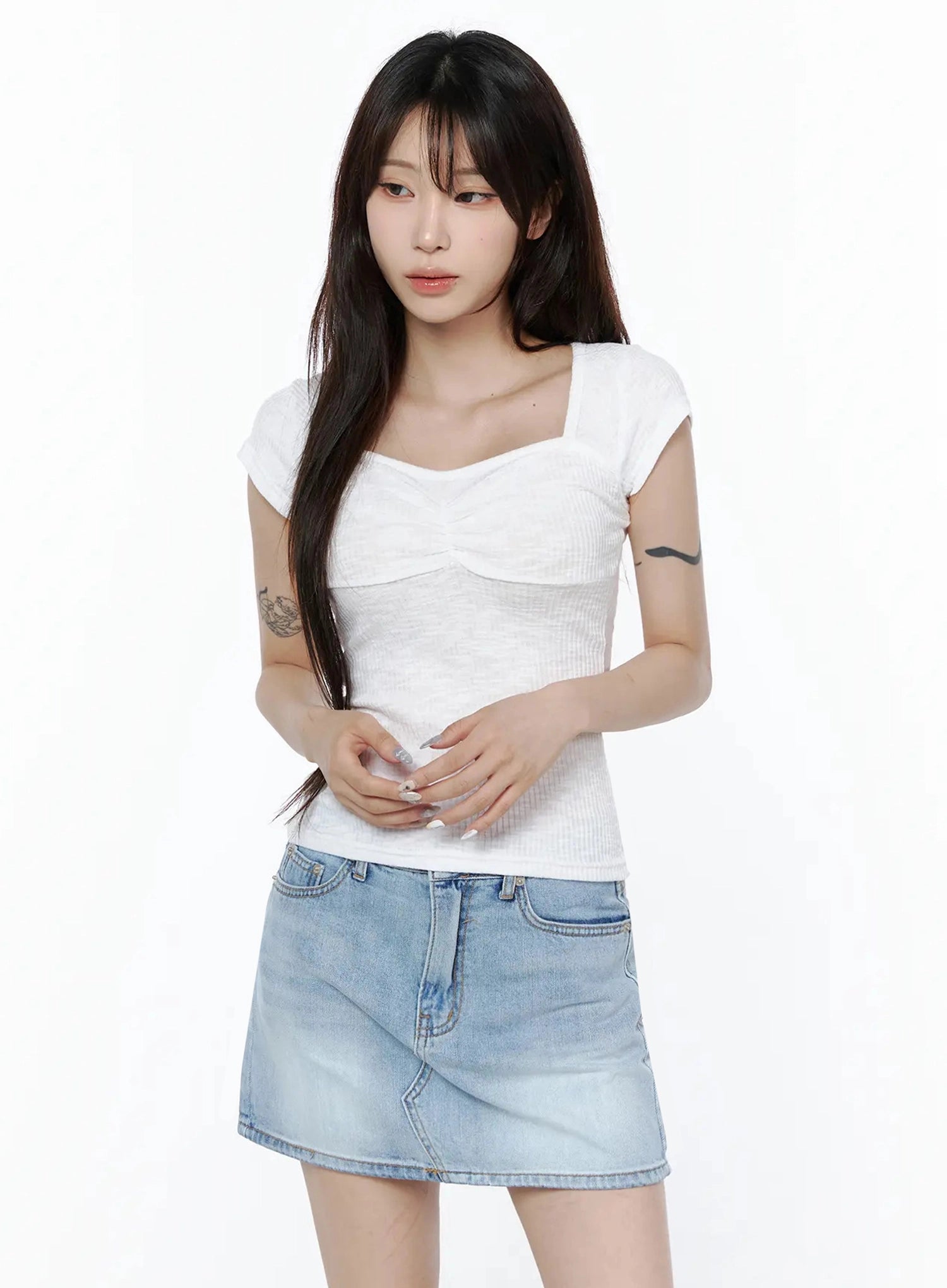 Ribbed Square Neck Knit Top IL502 in White, size S/M