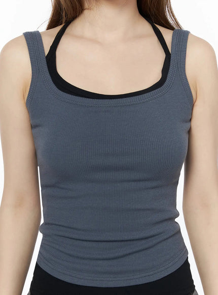 Ribbed Square Neck Padded Tank Top IU525 Dark gray close-up front shot on model showing square neckline with black contrast trim and fine ribbed knit texture