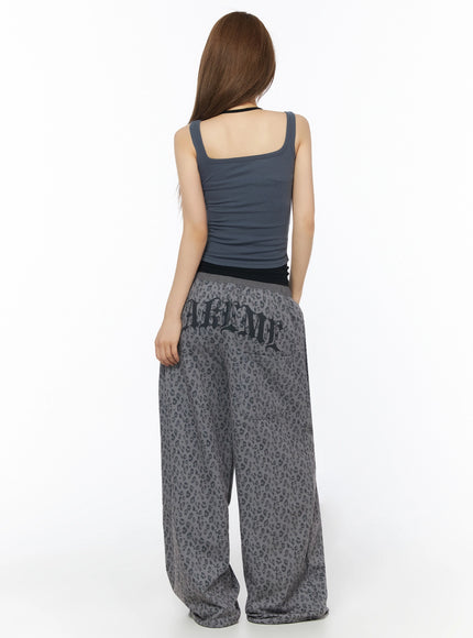 Ribbed Square Neck Padded Tank Top IU525 Dark gray back shot on standing model showing ribbed back panel, square neckline rear view, graphic lettering on pants