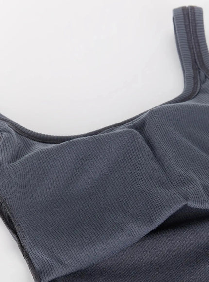 Ribbed Square Neck Padded Tank Top IU525 Dark gray flat close-up detail shot showing ribbed knit texture, square neckline edge and padded interior construction