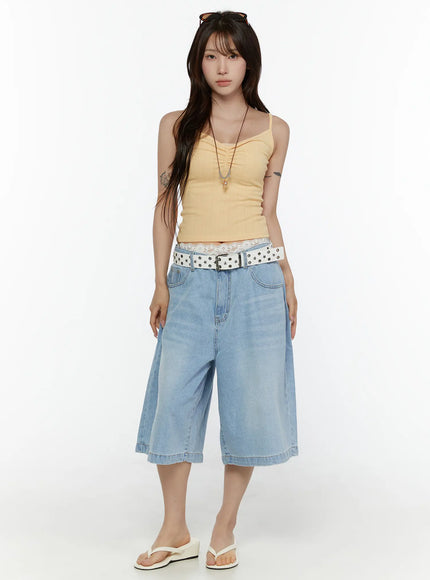 Ribbed V-Neck Cami Top CL508 Yellow full-body front shot on model styled with light blue wide-leg denim shorts and white star-eyelet belt