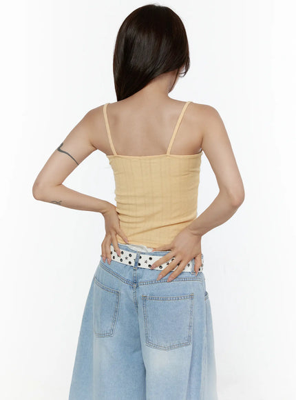 Ribbed V-Neck Cami Top CL508 Yellow back shot on model showing thin spaghetti straps, smooth ribbed back panel, and cropped hem above lace waistband
