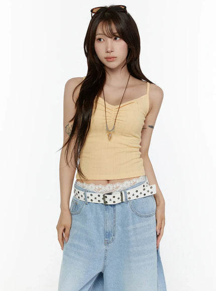 LEWKIN Ribbed V-Neck Cami Top CL508 Yellow half-body front shot on model wearing with wide-leg denim and star-studded belt, ruched V-neckline detail