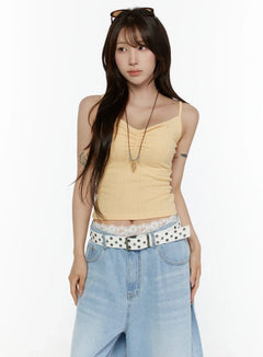LEWKIN Ribbed V-Neck Cami Top CL508 Yellow half-body front shot on model wearing with wide-leg denim and star-studded belt, ruched V-neckline detail
