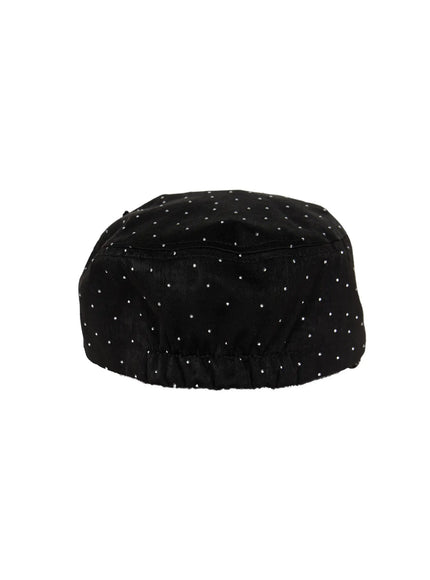 Ribbon Cubic Hat CL517 Black flat product back view, rhinestone-studded satin cap showing elasticated rear band and panel construction