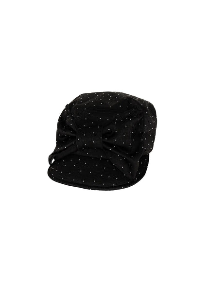 Ribbon Cubic Hat CL517 Black flat product three-quarter front angle view, satin cap with large rhinestone-studded bow and short brim on white background