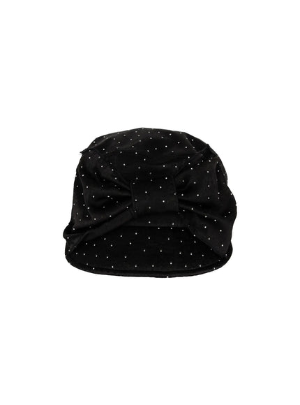 Ribbon Cubic Hat CL517 Black flat product front view, satin rhinestone-studded newsboy cap with large bow centered on band, white background
