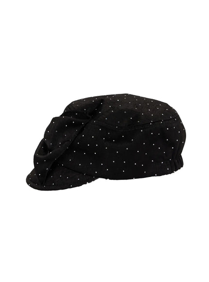 Ribbon Cubic Hat CL517 Black flat product side angle view, satin newsboy cap with bow detail and short structured brim, allover silver studs