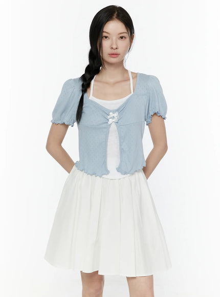 Ribbon Detail Puff Short Sleeve and Halter Set IL506 in Light blue, size S/M