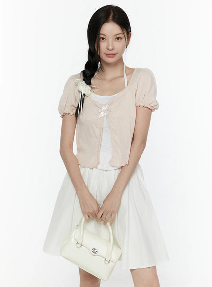 LEWKIN Ribbon Detail Puff Short Sleeve and Halter Set IL506 Light pink S/M front view on model with braided hair holding white handbag styled over white flared skirt