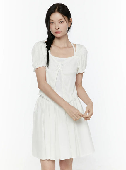 Ribbon Detail Puff Short Sleeve and Halter Set IL506 in White, size S/M
