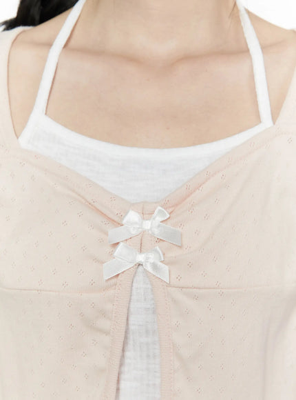 Ribbon Detail Puff Short Sleeve and Halter Set IL506 Light pink close-up chest detail showing two white satin ribbon bows open-front closure and pointelle knit fabric texture