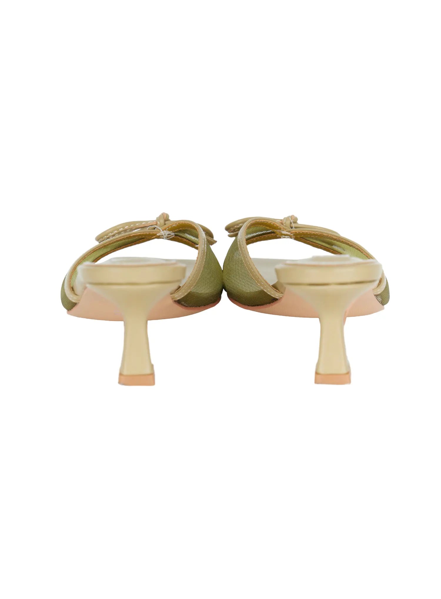Ribbon Detail Sandal Heels CU524 Green flat lay back product shot pair showing sculptured kitten heel construction open mule back and mesh upper