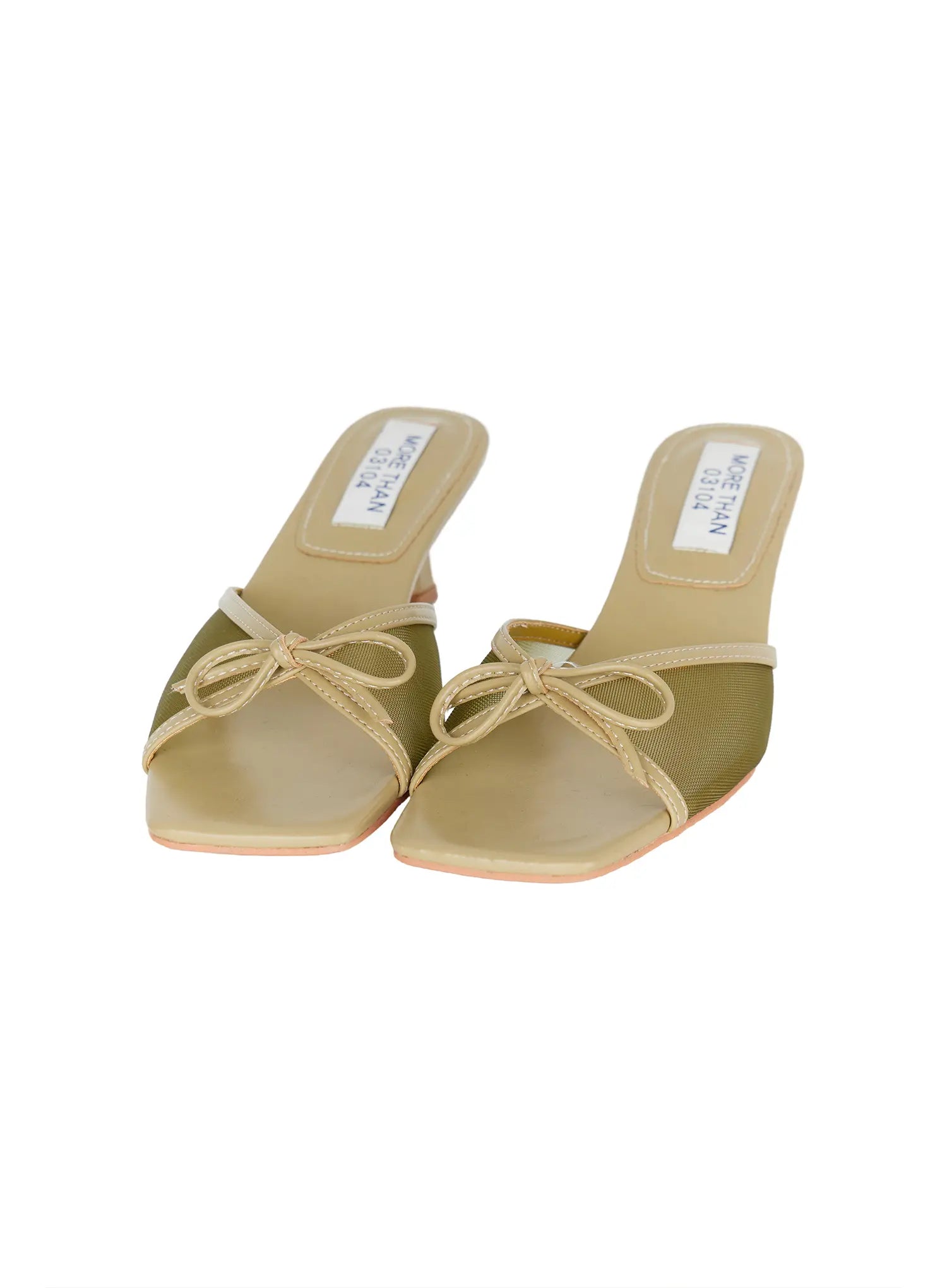 Ribbon Detail Sandal Heels CU524 Green flat lay three-quarter front product shot pair showing square toe mesh vamp beige bow and brand insole label