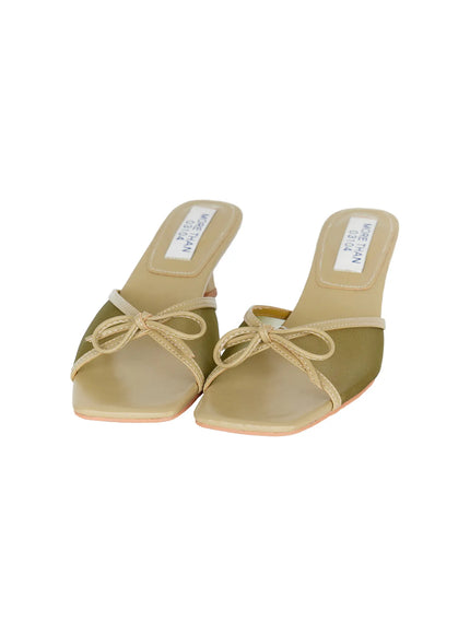 Ribbon Detail Sandal Heels CU524 Green flat lay three-quarter front product shot pair showing square toe mesh vamp beige bow and brand insole label