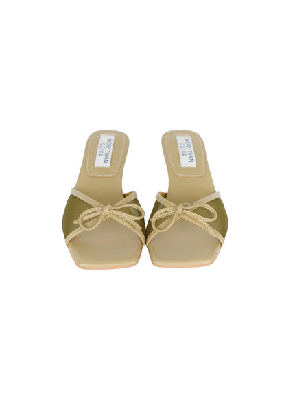 Ribbon Detail Sandal Heels CU524 Green flat lay front product shot pair showing square toe mesh upper beige bow detail and brand insole label