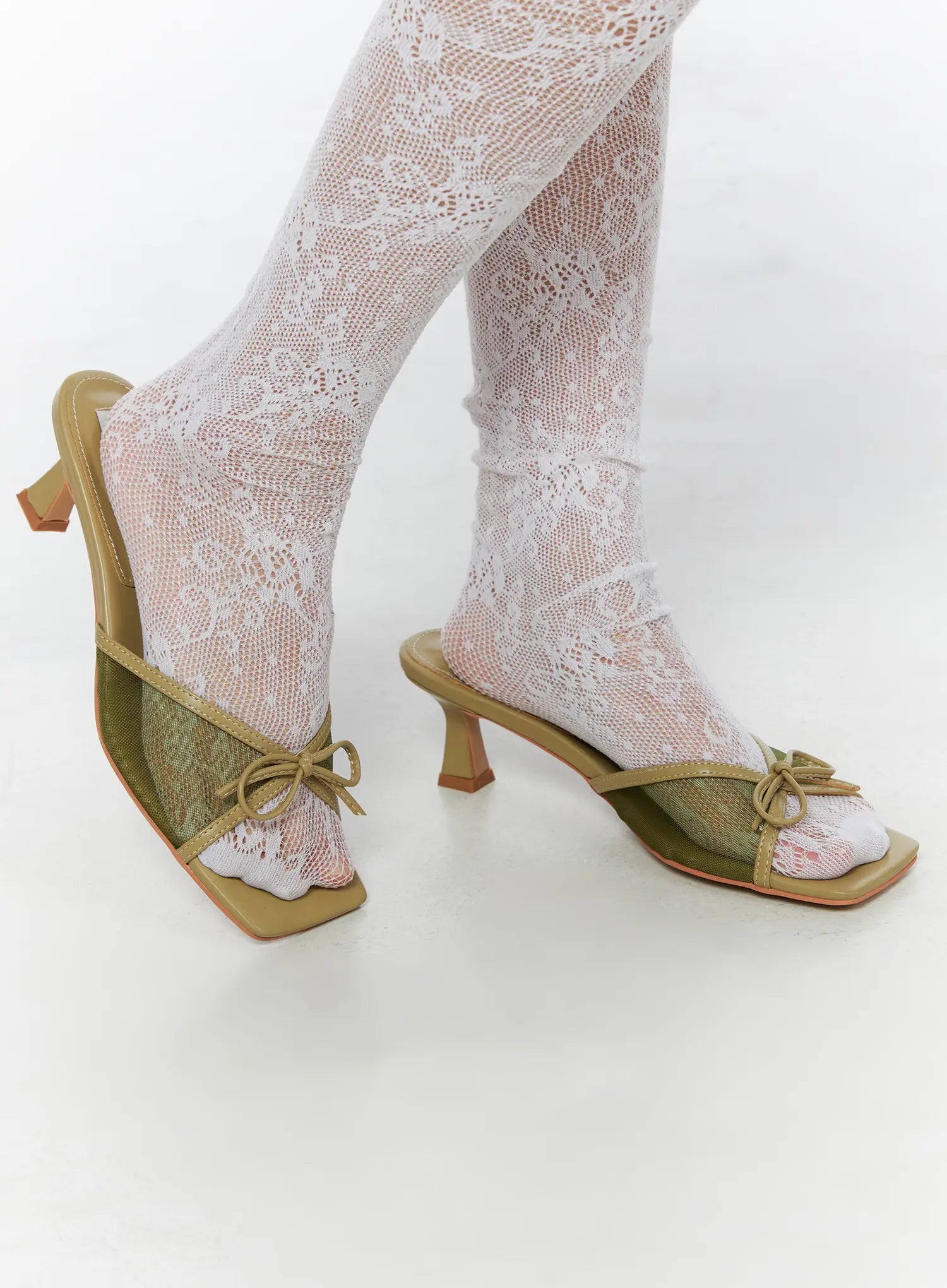 LEWKIN Ribbon Detail Sandal Heels CU524 Green size 225/US5.5 side close-up on model wearing white lace socks with kitten heel and mesh bow detail