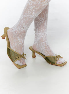 LEWKIN Ribbon Detail Sandal Heels CU524 Green size 225/US5.5 side close-up on model wearing white lace socks with kitten heel and mesh bow detail