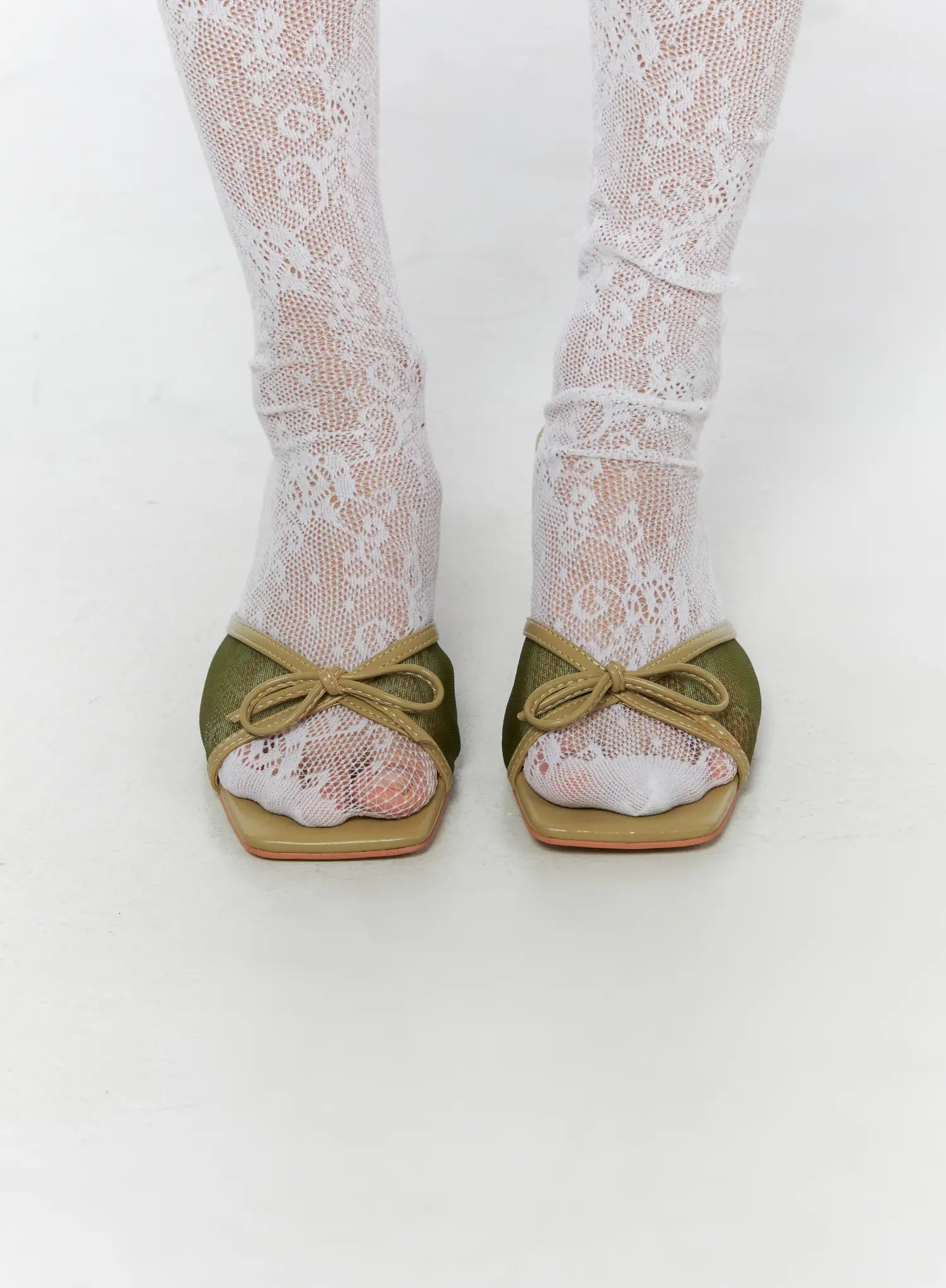 Ribbon Detail Sandal Heels CU524 Green front close-up on model showing square toe mesh upper and bow detail with white lace socks