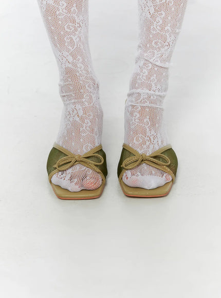 Ribbon Detail Sandal Heels CU524 Green front close-up on model showing square toe mesh upper and bow detail with white lace socks