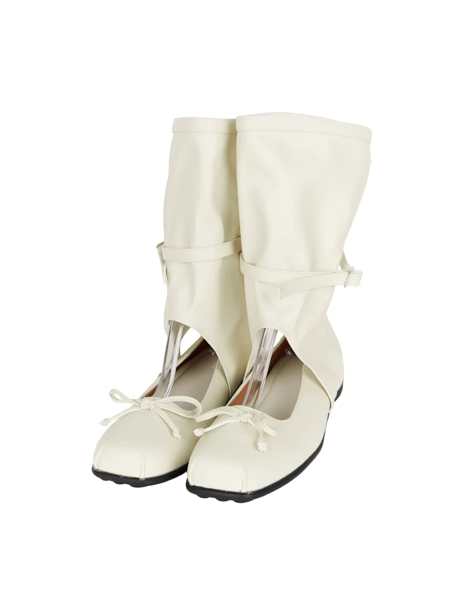 Ribbon Flat Ankle Boots CL507 Light beige front flat shot on shoe stand showing pair with bow tie toe cap buckle ankle strap and gaiter shaft
