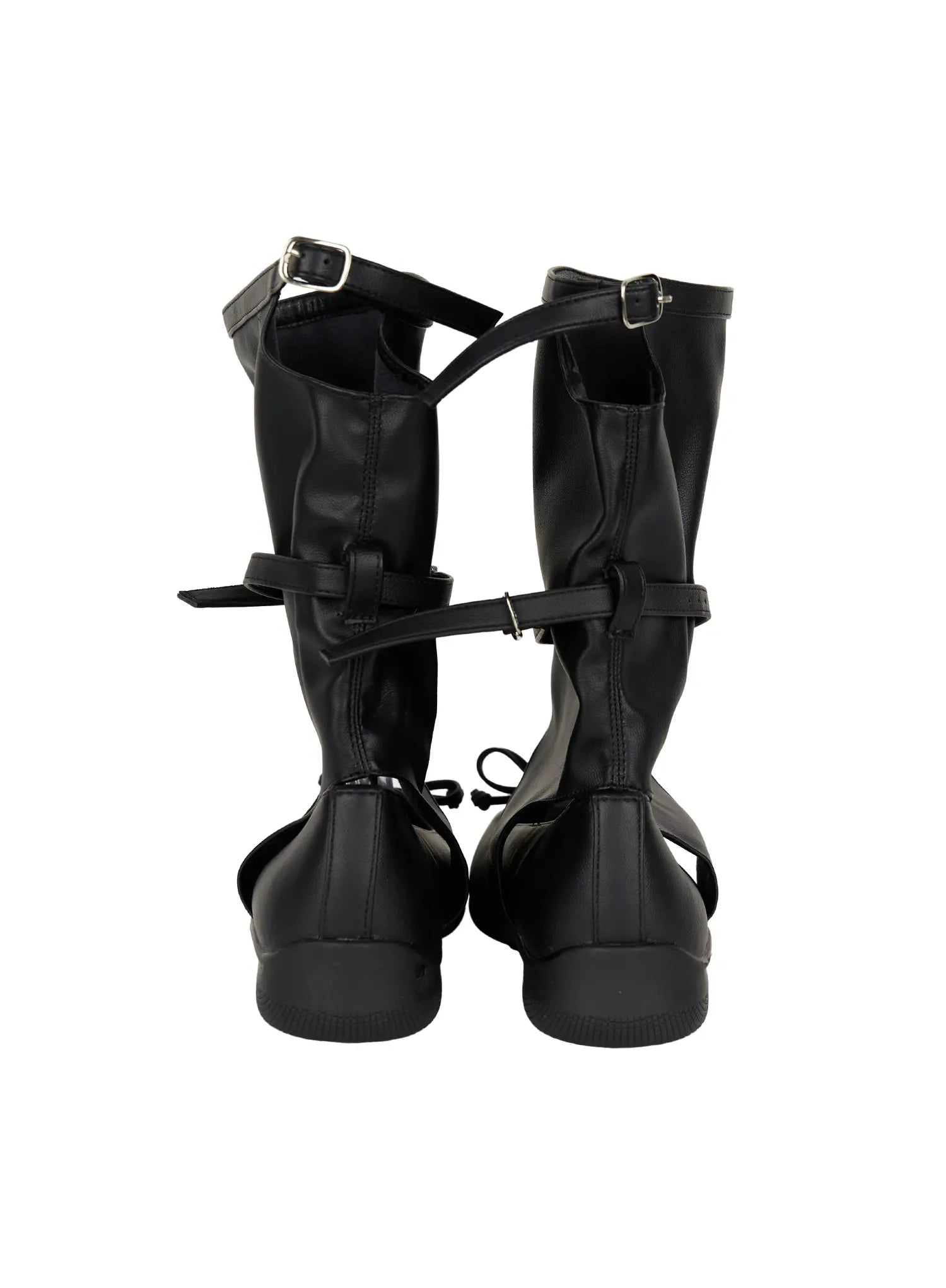 Ribbon Flat Ankle Boots CL507 Black back flat shot on shoe stand showing pair with rear seam silver buckle straps open heel cutout and black outsole