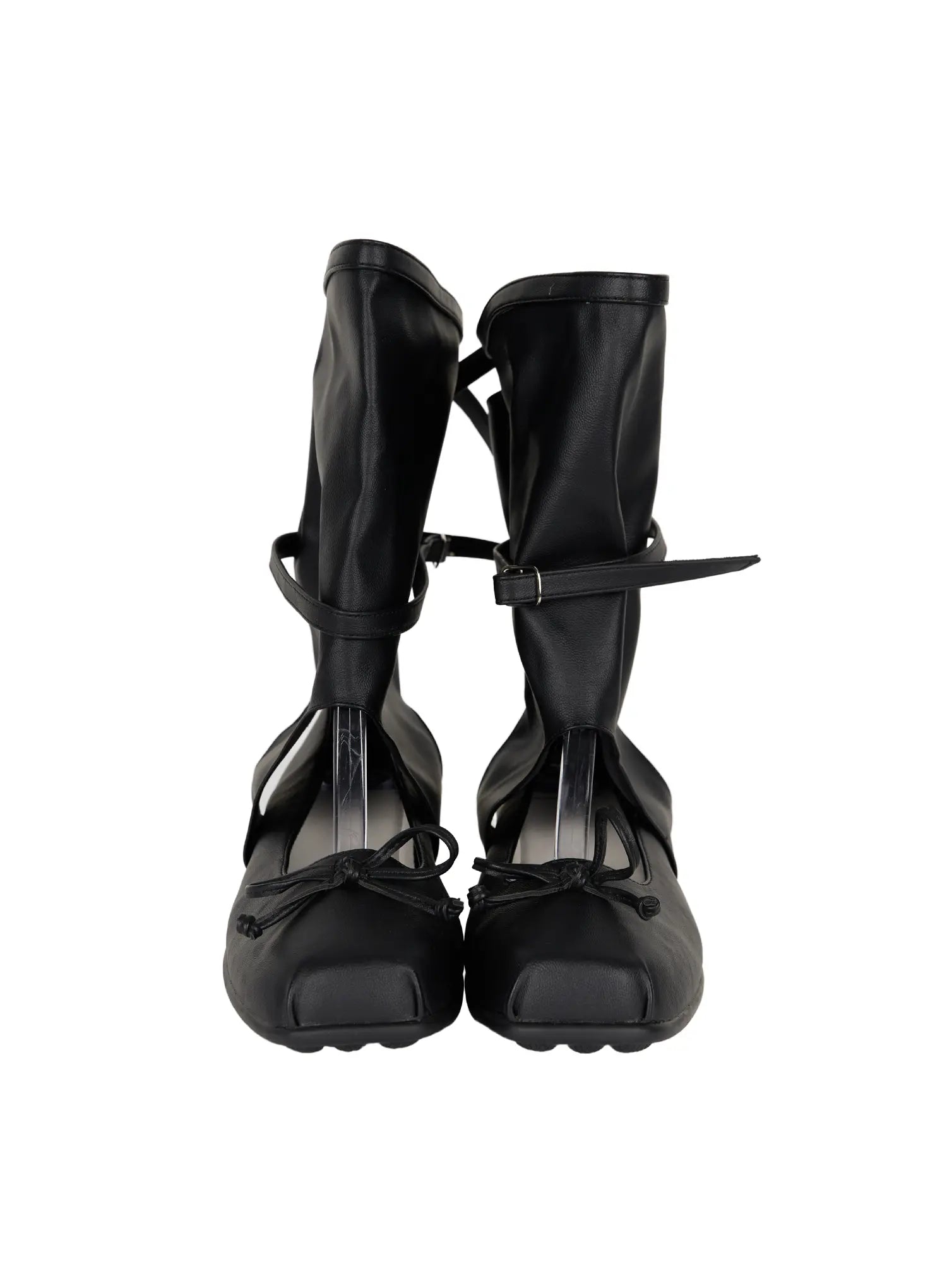 Ribbon Flat Ankle Boots CL507 Black front flat shot on shoe stand showing pair with bow tie toe detail adjustable buckle strap and soft gaiter upper