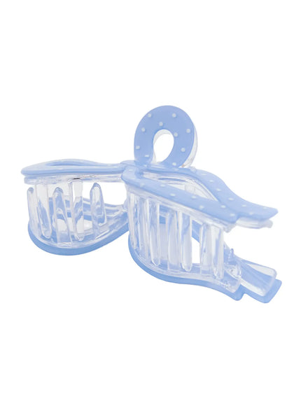 Ribbon Hair Pin IL514 blue detail view of transparent claw teeth fully open showing clear plastic grips and polka dot blue frame
