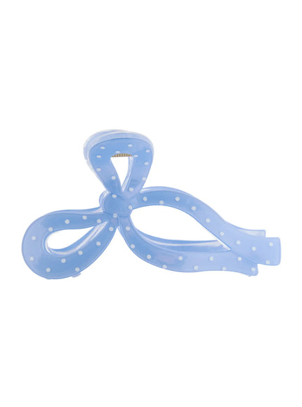 LEWKIN Ribbon Hair Pin IL514 blue front view flat-lay showing bow-shaped claw clip with white polka dot pattern on white background