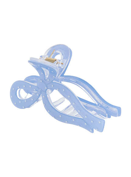 Ribbon Hair Pin IL514 blue angled view displaying open claw teeth and gold spring hinge mechanism with white polka dot acrylic body
