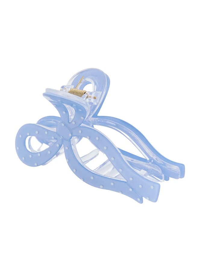 Ribbon Hair Pin IL514 blue angled view displaying open claw teeth and gold spring hinge mechanism with white polka dot acrylic body