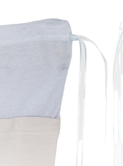 Ribbon Layered Leg Warmers CL503 Pink close-up detail of light blue sheer mesh cuff with satin ribbon tie and contrast white knit band construction