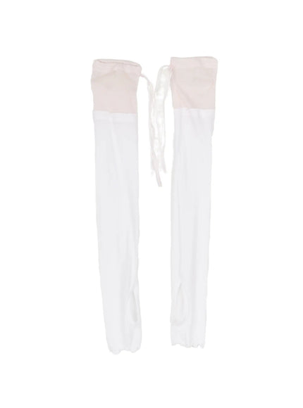 Ribbon Layered Leg Warmers CL503 Pink flat-lay product shot of pair showing pink mesh top section with ribbon tie and white knit body full length