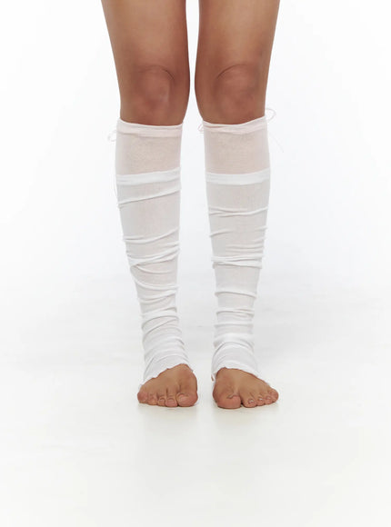 Ribbon Layered Leg Warmers CL503 Pink front view on model both legs standing, sheer mesh upper panel with white ruched knit and pink ribbon bow detail