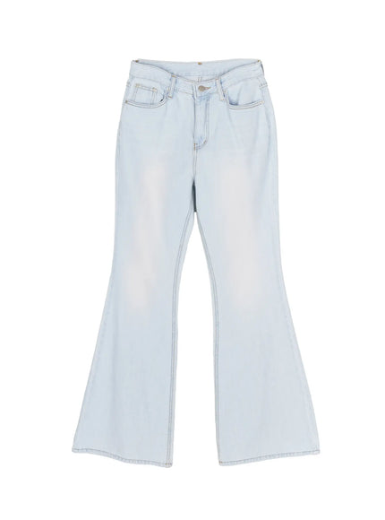 Ripley Light Washed Flared Jeans IL506 Light blue flat-lay front view showing full silhouette flared hem front pockets button fly and contrast stitching on white background