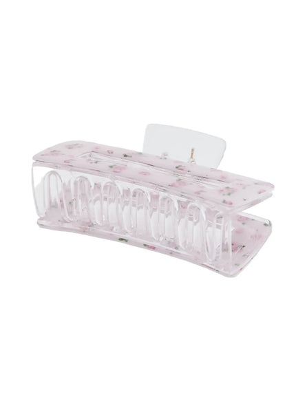 Rose Square Hair Pin IL514 pink floral open-clip detail view revealing clear acrylic teeth and gold coil spring hardware underneath