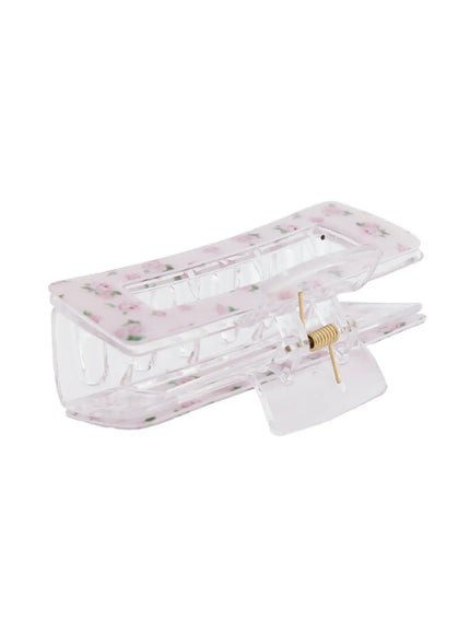 Rose Square Hair Pin IL514 pink floral bottom-up detail view showing fully open transparent claw teeth and spring mechanism