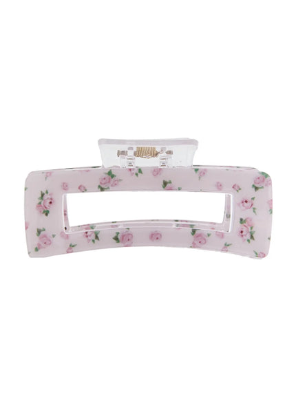 LEWKIN Rose Square Hair Pin IL514 pink floral front view flat lay showing rectangular open-frame acrylic clip with ditsy rose print