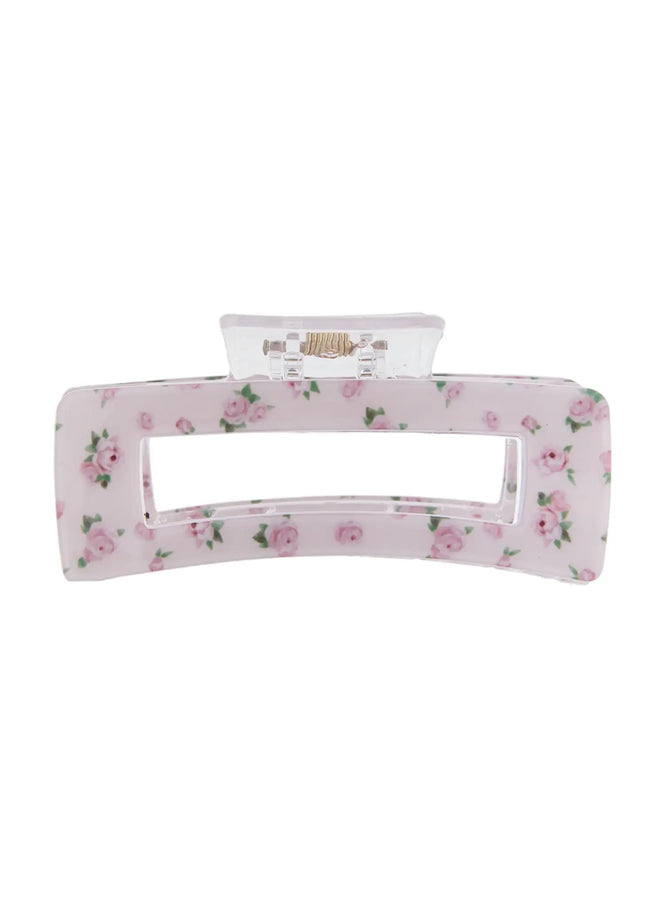 LEWKIN Rose Square Hair Pin IL514 pink floral front view flat lay showing rectangular open-frame acrylic clip with ditsy rose print