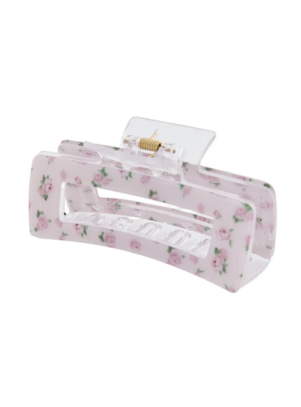 Rose Square Hair Pin IL514 pink floral angled side view displaying open rectangular frame body with gold spring hinge mechanism