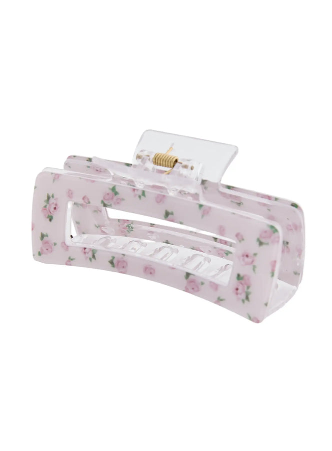 Rose Square Hair Pin IL514 pink floral angled side view displaying open rectangular frame body with gold spring hinge mechanism