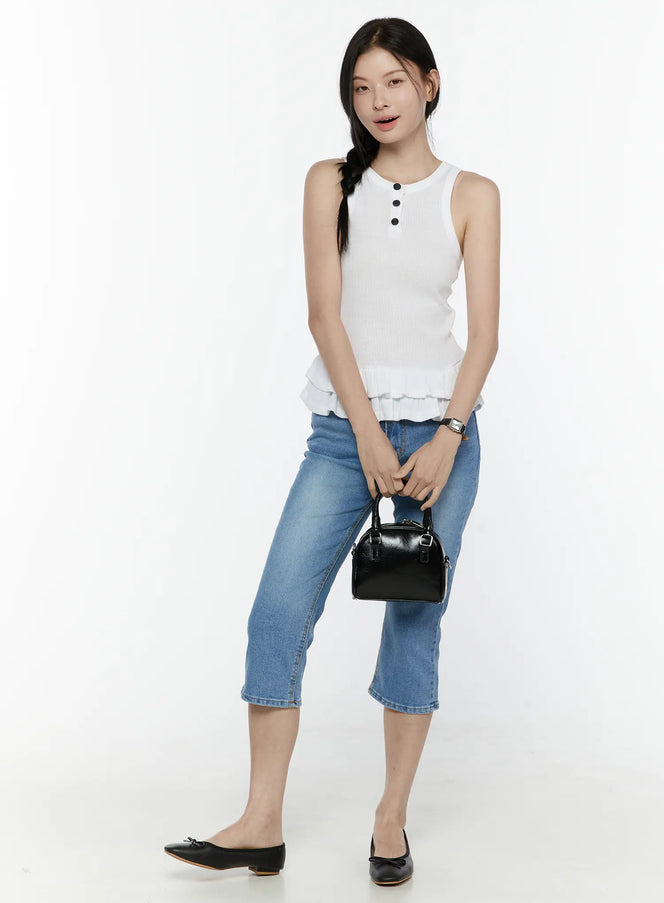 Roselle Capri Jorts IL506 Blue full-body front styling shot on model wearing white ruffle tank top braided hair and black mini bag