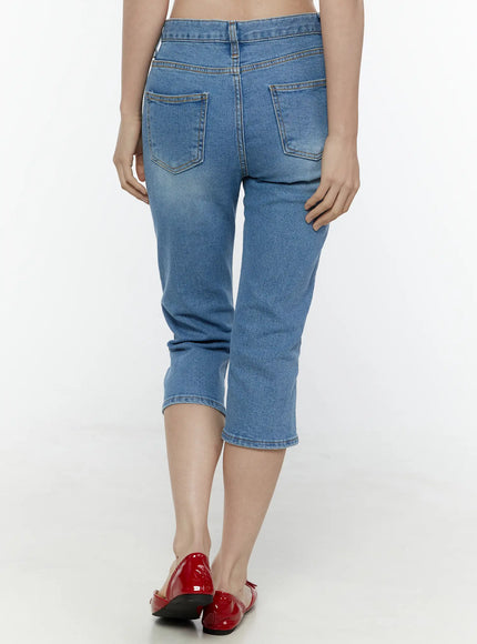 Roselle Capri Jorts IL506 Blue back view on model showing dual patch pockets stitched detail mid-rise waistband and red patent flats