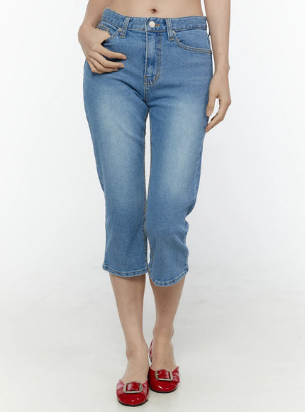 LEWKIN Roselle Capri Jorts IL506 Blue cropped front view on model size S with washed denim texture button fly and red buckle flats